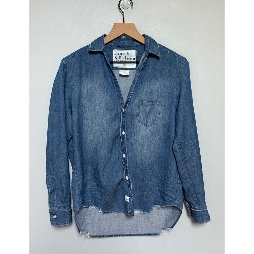Frank & Eileen Italian Cotton Raw Hem Button Down Blue Chambray XS Relaxed Fit